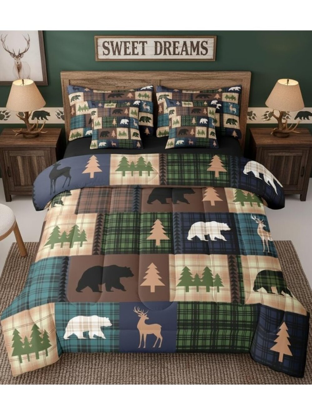 Rustic Cabin Lodge Queen Comforter Set with Sheets, Bear Deer Hunting 7Pcs